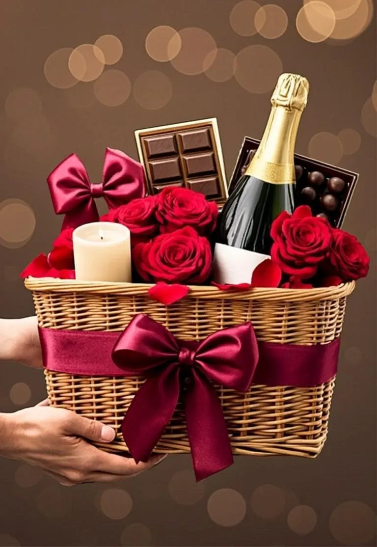 A Lamour gift basket being hand-delivered, overflowing with roses, champagne and gourmet treats